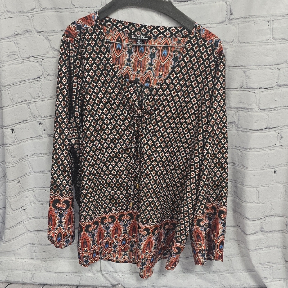 Time To Bloom Multicolored  Tie Front Long  Sleeve 3X Blouse